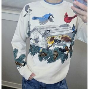 Artisans Winter Red Cardinal Bird All Over Print Vintage Sweatshirt Size M Y2k